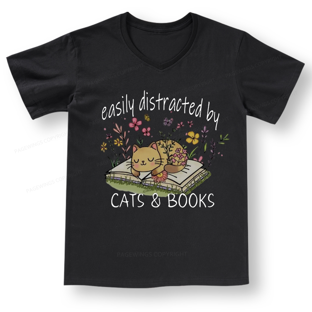 Pagewings Easily Distracted By Cats And Books V-neck T-shirt