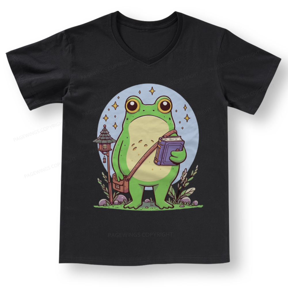 Pagewings Frog Reading Book V-neck T-shirt