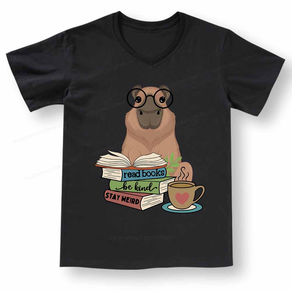 Pagewings Capybara Reading V-neck T-shirt