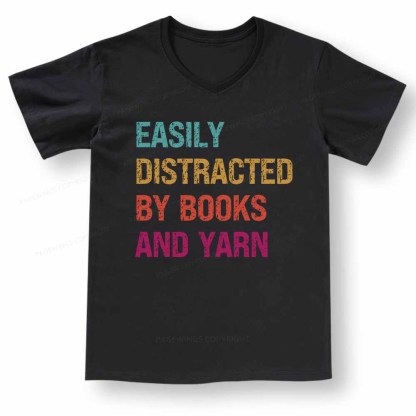 Pagewings Easily Distracted By Books And Yarn V-neck T-shirt