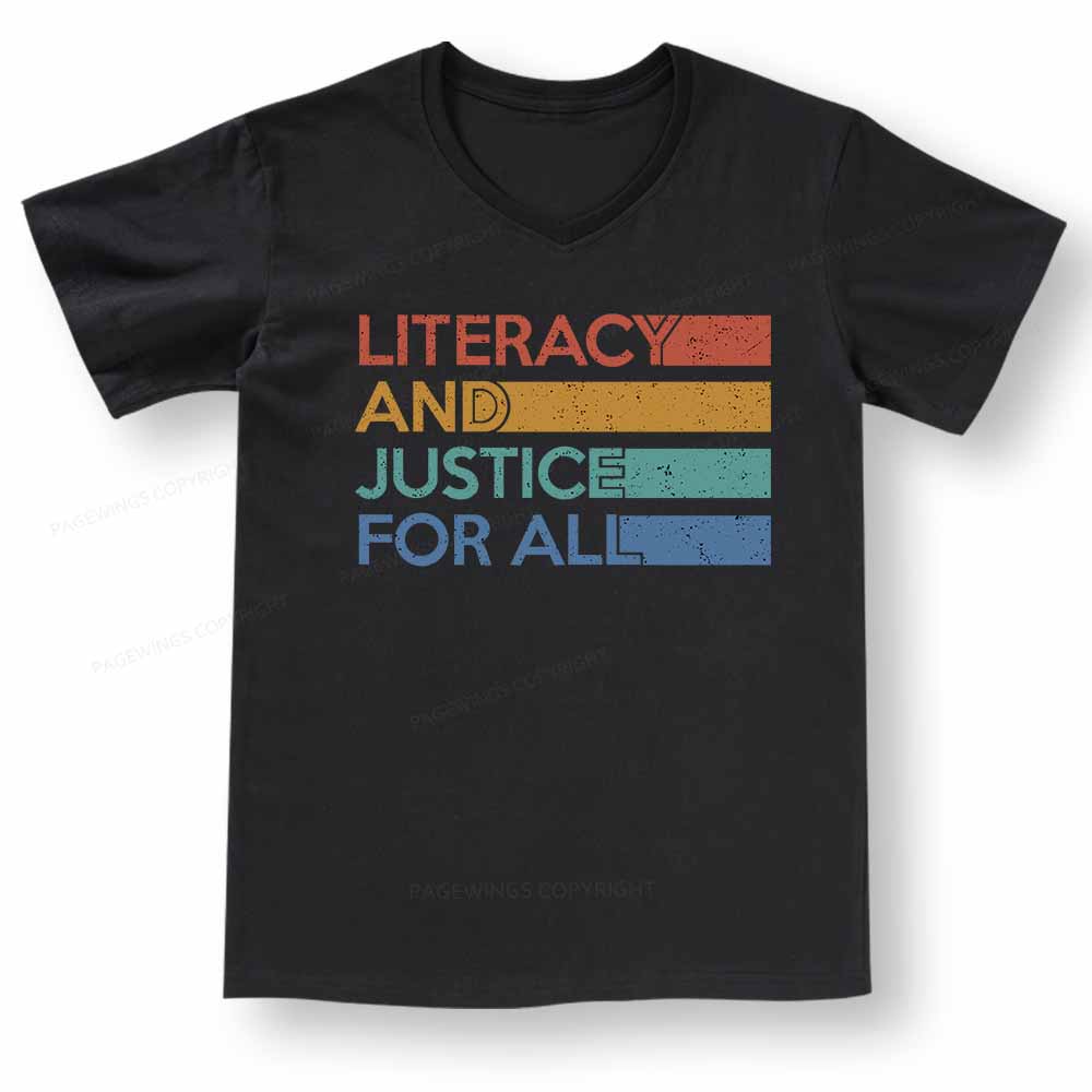 Pagewings Literacy and Justice For All V-neck T-shirt 