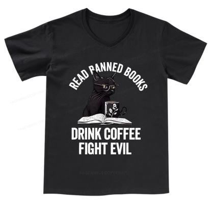 Pagewings Read Books Drink Coffee Fight Evil Shirt V-neck T-shirt
