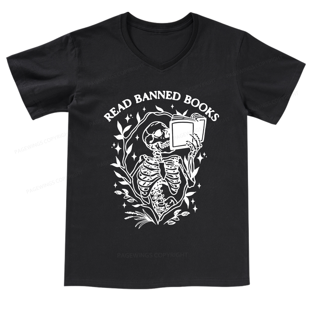 Pagewings Read Banned Books Skeleton Halloween Goth Protest T-Shirt V-neck T-shirt