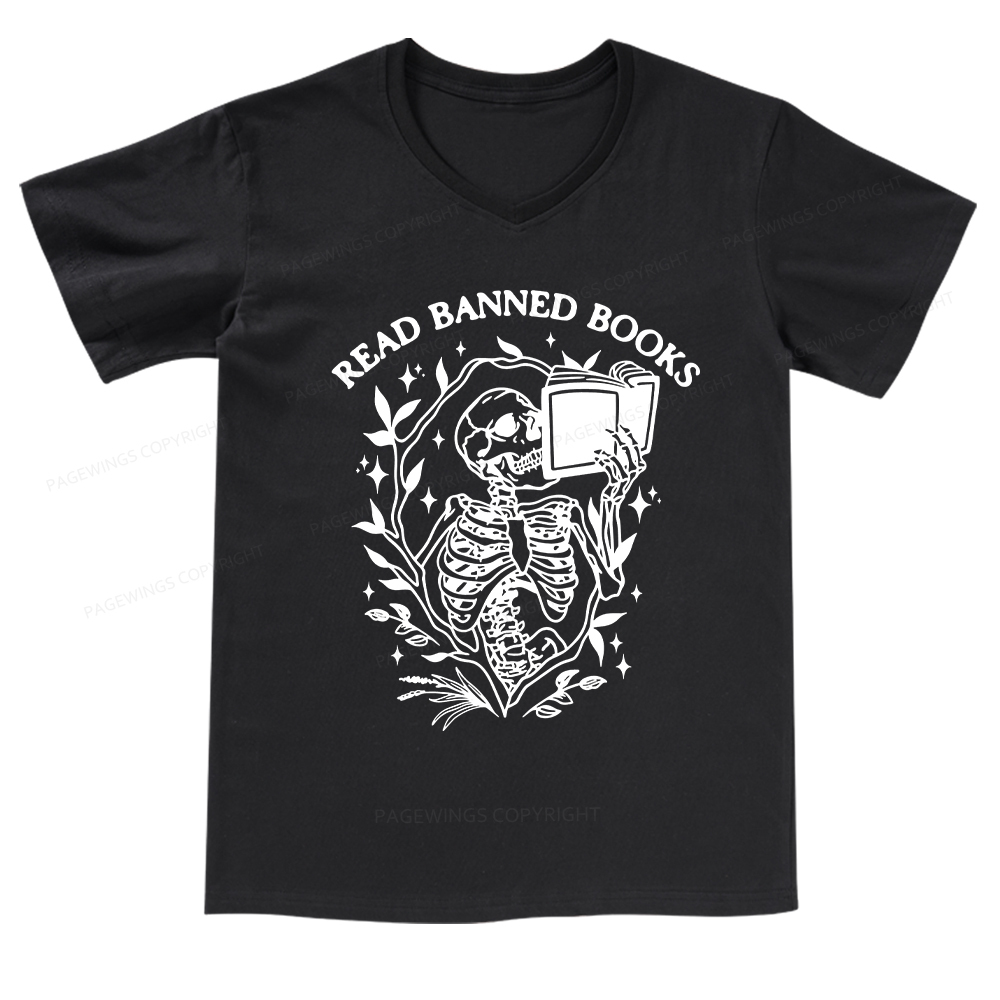 Pagewings Read Banned Books Skeleton Halloween Goth Protest T-Shirt V-neck T-shirt