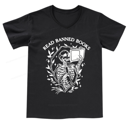 Pagewings Read Banned Books Skeleton Halloween Goth Protest T-Shirt V-neck T-shirt