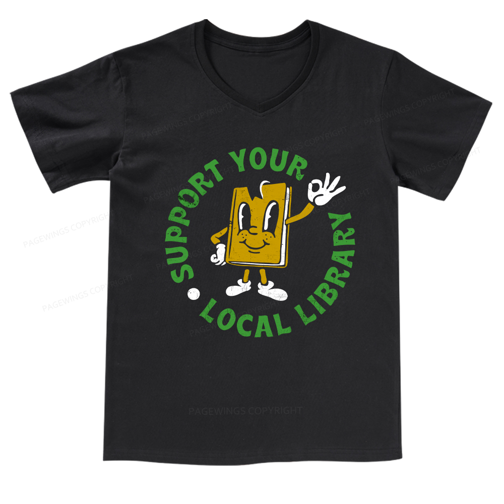 Pagewings Support Your Local Library Adult V-neck T-shirt 
