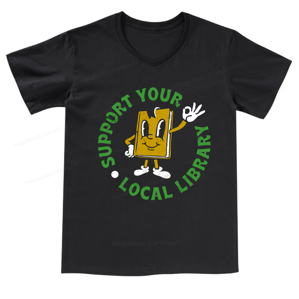 Pagewings Support Your Local Library Adult V-neck T-shirt