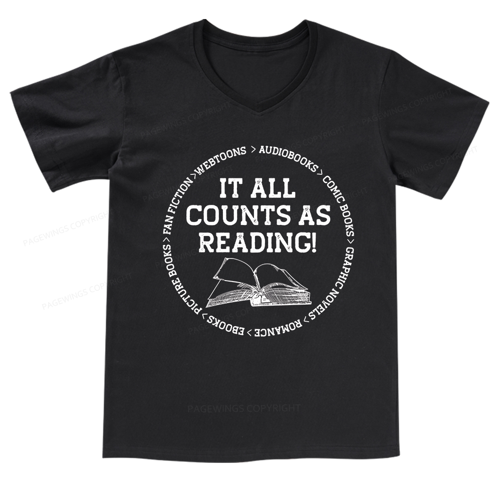 Pagewings It All Counts As Reading V-neck T-shirt