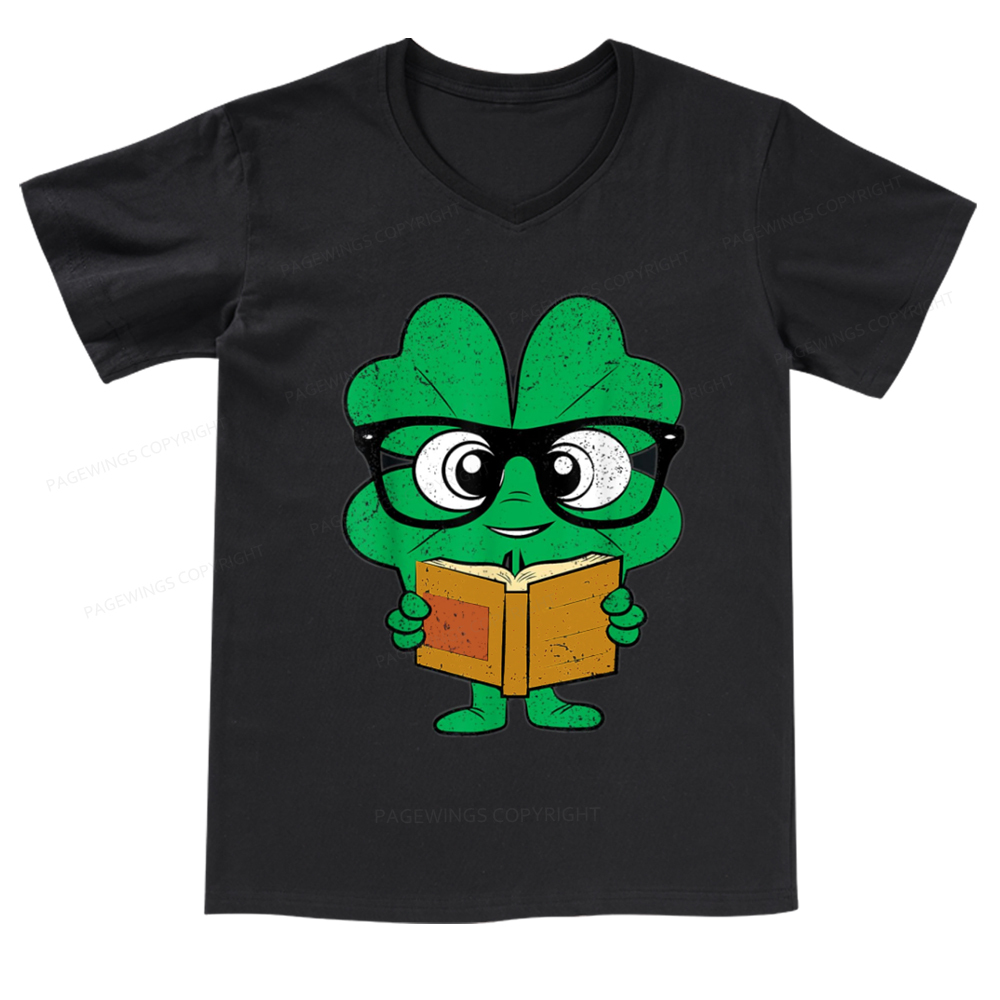 Pagewings Shamrock Reading Books St Patricks Day V-neck T-shirt