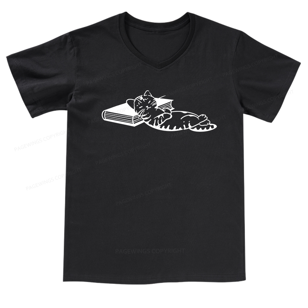 Pagewings A Cat Sleeping On The Book V-neck T-shirt