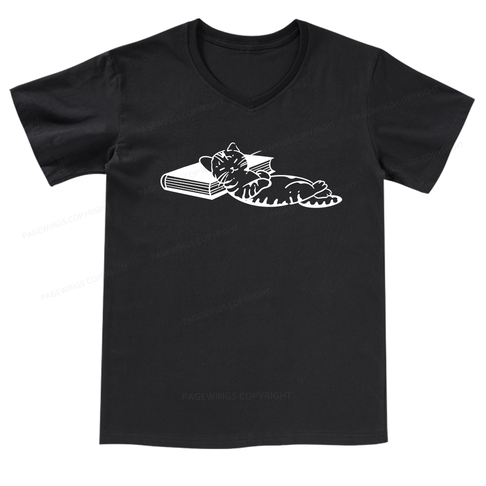 Pagewings A Cat Sleeping On The Book V-neck T-shirt