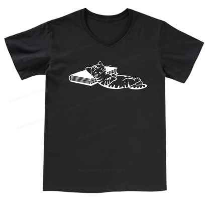 Pagewings A Cat Sleeping On The Book V-neck T-shirt