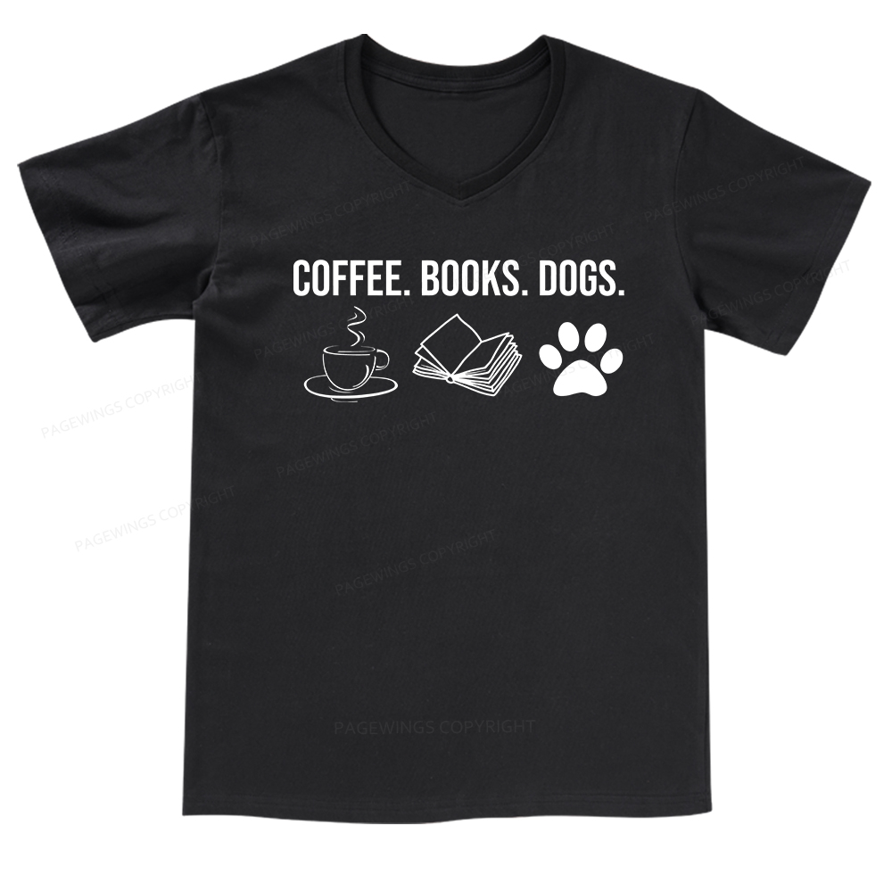 Pagewings Coffee Books and Dogs V-neck T-shirt