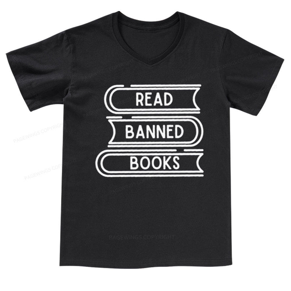 Pagewings Read Banned Books Stack V-neck T-shirt