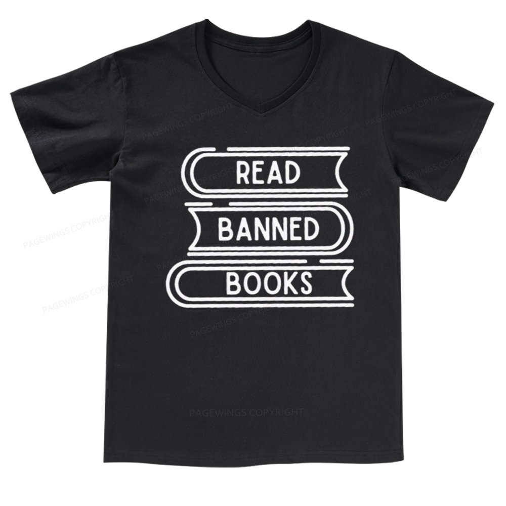 Pagewings Read Banned Books Stack V-neck T-shirt
