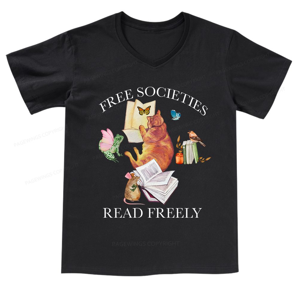 Pagewings Free societies read freely V-neck T-shirt