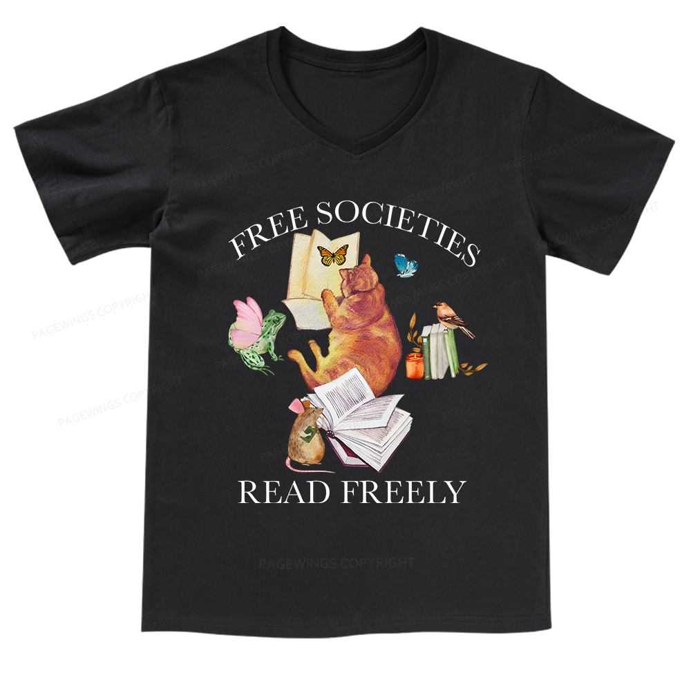 Pagewings Free societies read freely V-neck T-shirt
