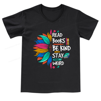 Pagewings Read Books Be Kind Stay Weird on Backpack V-neck T-shirt