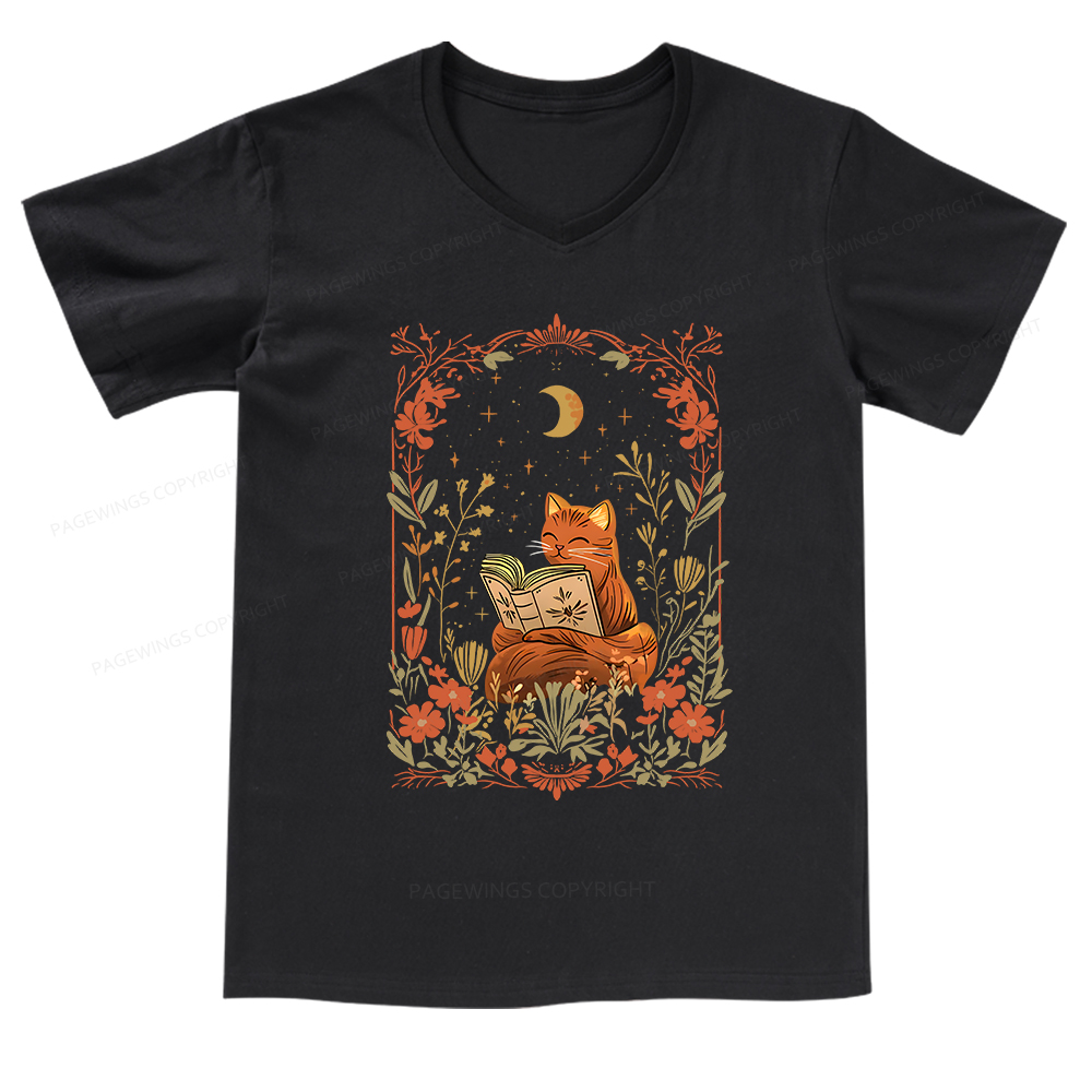 Pagewings Cat Wildflower Book Reading V-neck T-shirt