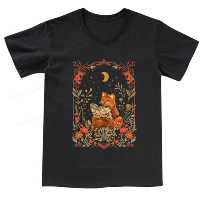 Pagewings Cat Wildflower Book Reading V-neck T-shirt