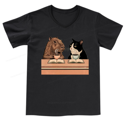 Pagewings Capybara and Tuxedo Cat Chilling with Coffee V-neck T-shirt