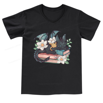Pagewings Fantasy Book Dragon V-neck T-shirt