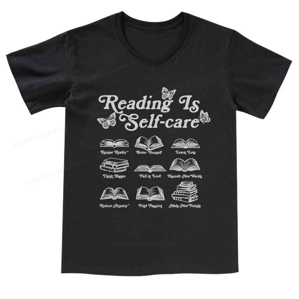 Pagewings eading Is Self-care V-neck T-shirt