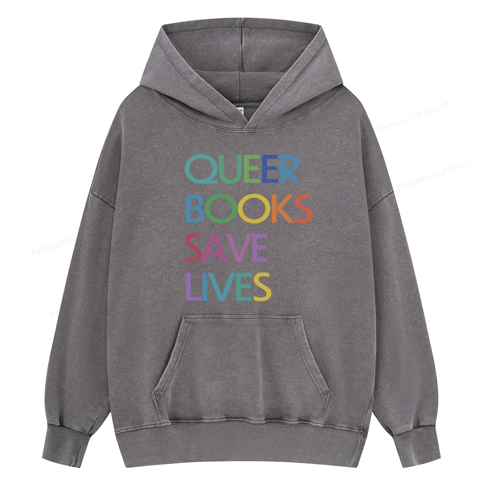 Pagewing Queer Books Save Lives Unisex Washed Hoodie