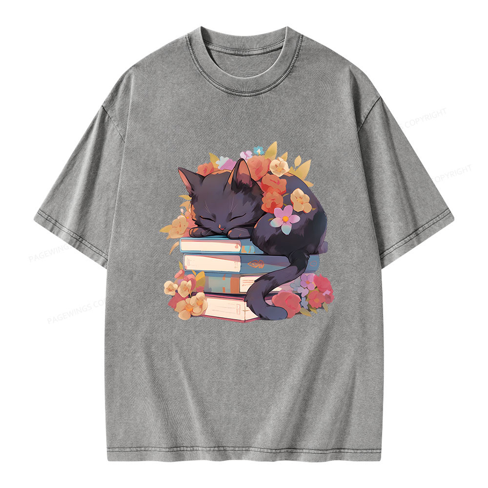Pagewings Black Cat Sleeping on Books Unisex Washed T-shirt