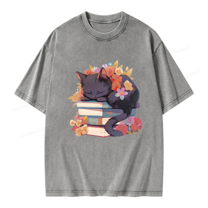 Pagewings Black Cat Sleeping on Books Unisex Washed T-shirt
