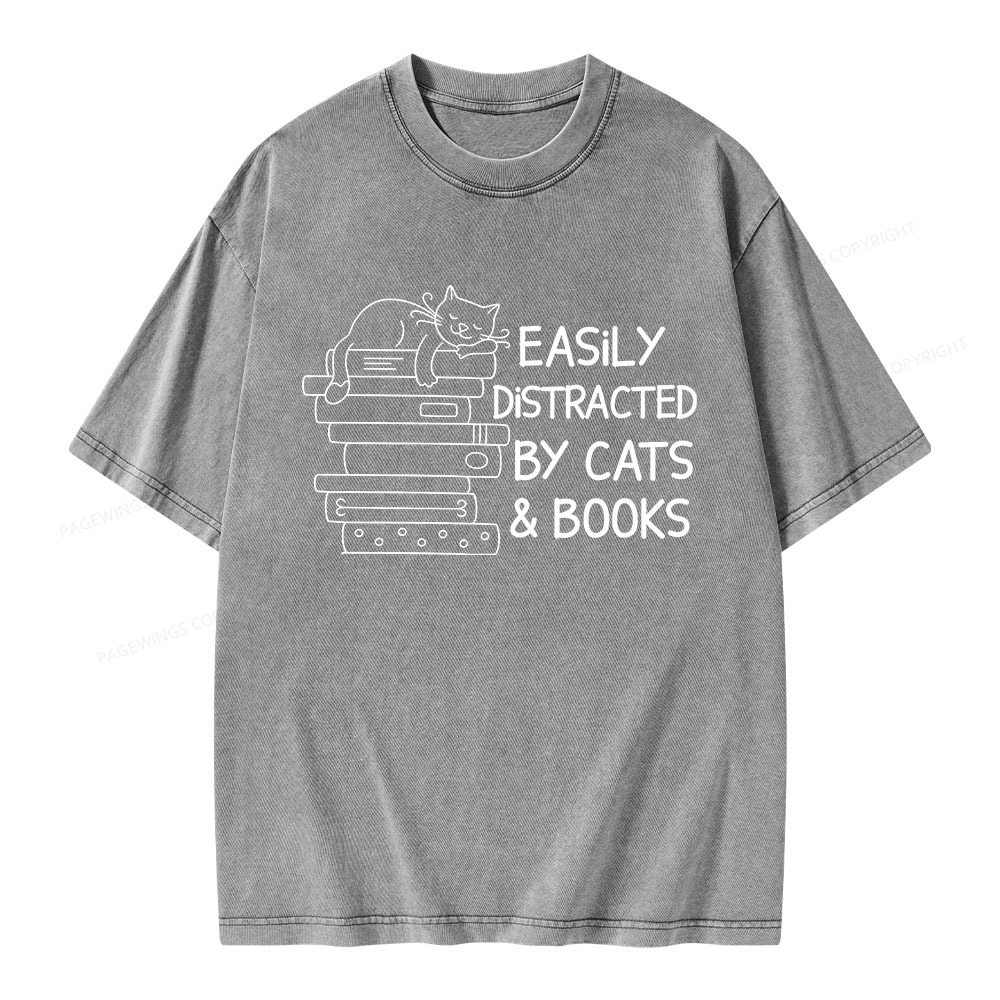 Pagewings Easily Distracted By Cats And Books Unisex Washed T-shirt