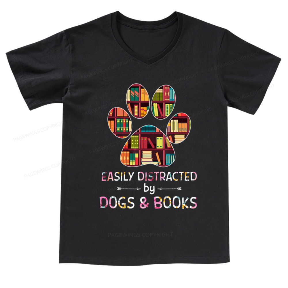 Pagewings Easily Distracted By Dogs And Books V-neck T-shirt