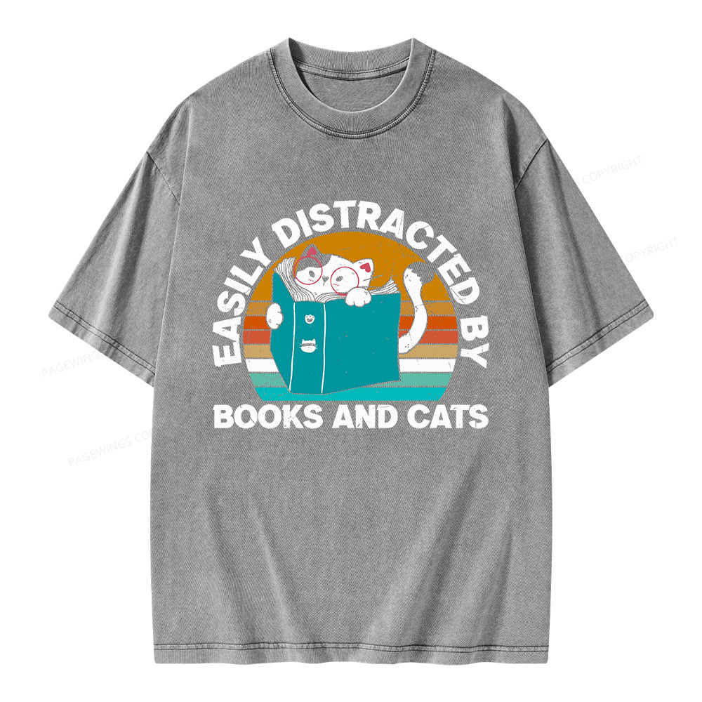 Pagewings Easily Distracted By Books And Cats Unisex Washed T-shirt