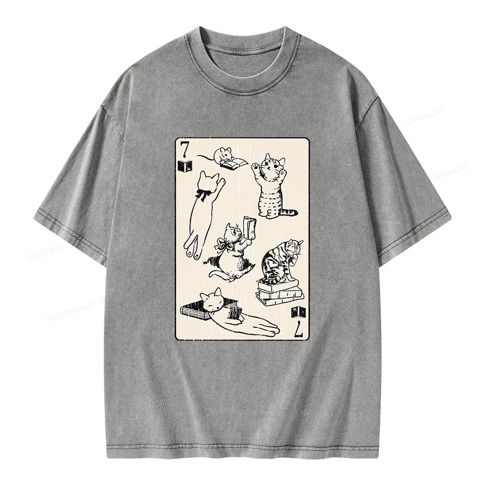 Pagewings Cats And Mouse Live In Peace With Books Unisex Washed T-shirt