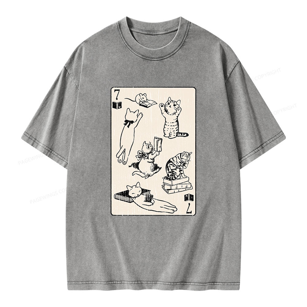 Pagewings Cats And Mouse Live In Peace With Books Unisex Washed T-shirt