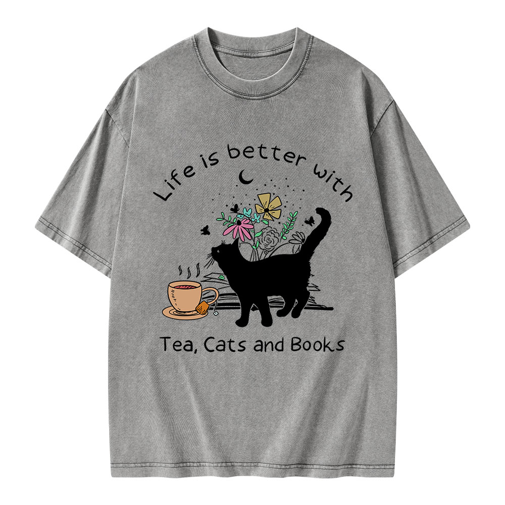 Pagewings Life Is Better With Tea Cats And Books Unisex Washed T-shirt