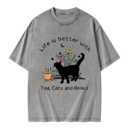 Pagewings Life Is Better With Tea Cats And Books Unisex Washed T-shirt