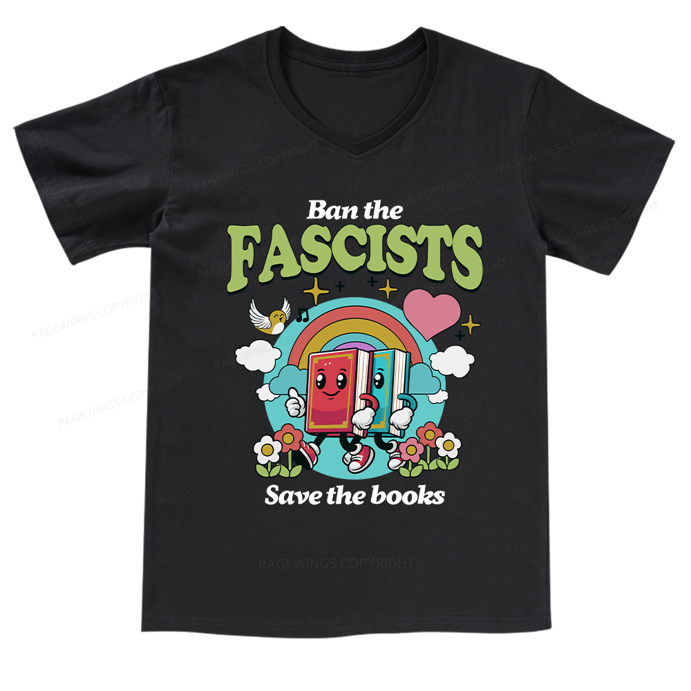 Pagewings Ban the Fascists Save the Books V-neck T-shirt