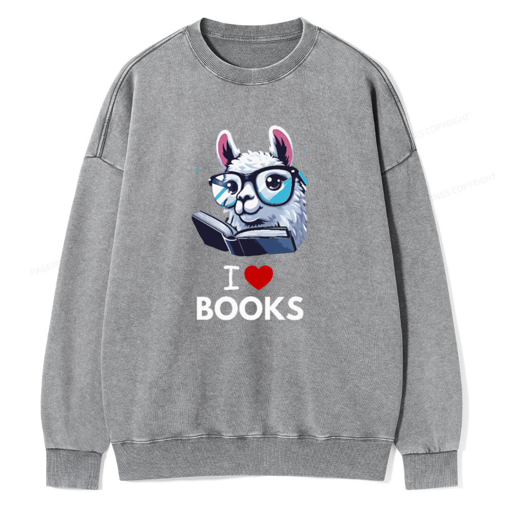 Pagewings  love Books Lama Reading Gift on Women’s Unisex Washed Sweatshirt