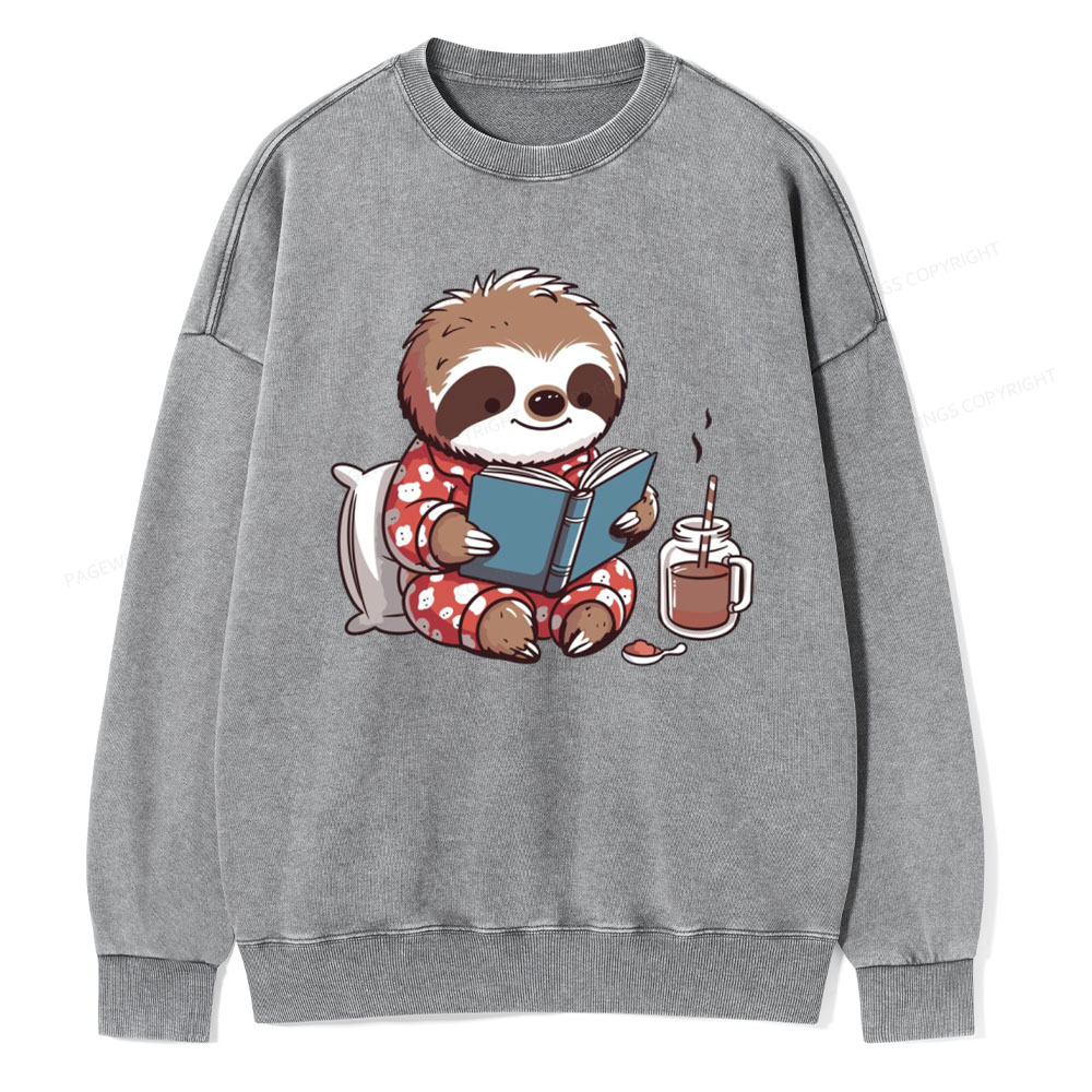 Pagewings Books Sloth Book lover Gift cute sloth on Unisex Washed Sweatshirt