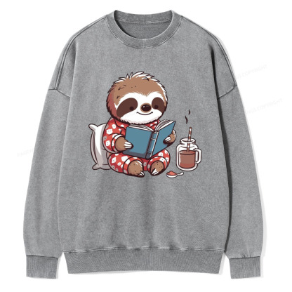 Pagewings Books Sloth Book lover Gift cute sloth on Unisex Washed Sweatshirt