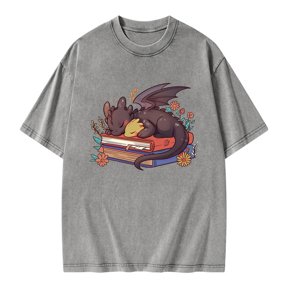 Pagewings Cute Book Dragon Unisex Washed T-shirt