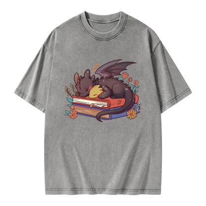 Pagewings Cute Book Dragon Unisex Washed T-shirt