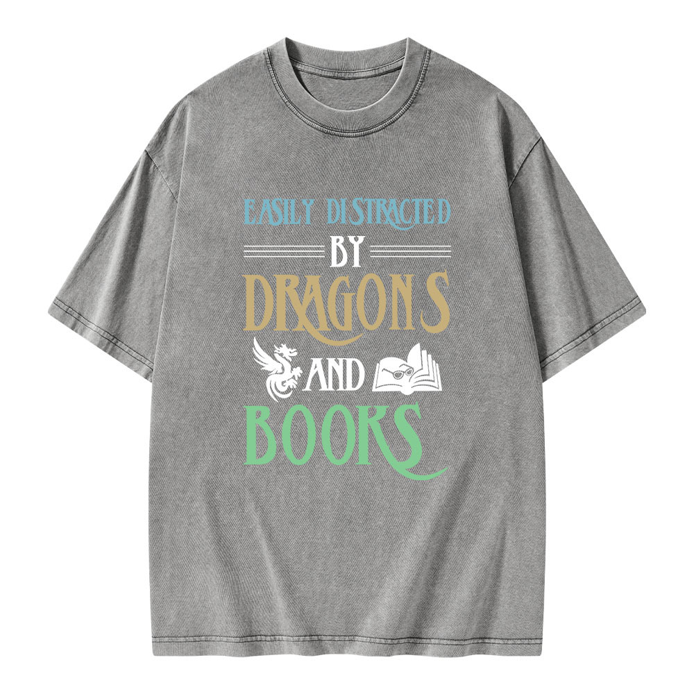 Pagewings Easily Distracted By Dragons And Books Unisex Washed T-shirt