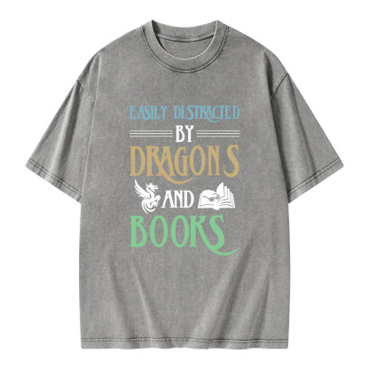 Pagewings Easily Distracted By Dragons And Books Unisex Washed T-shirt