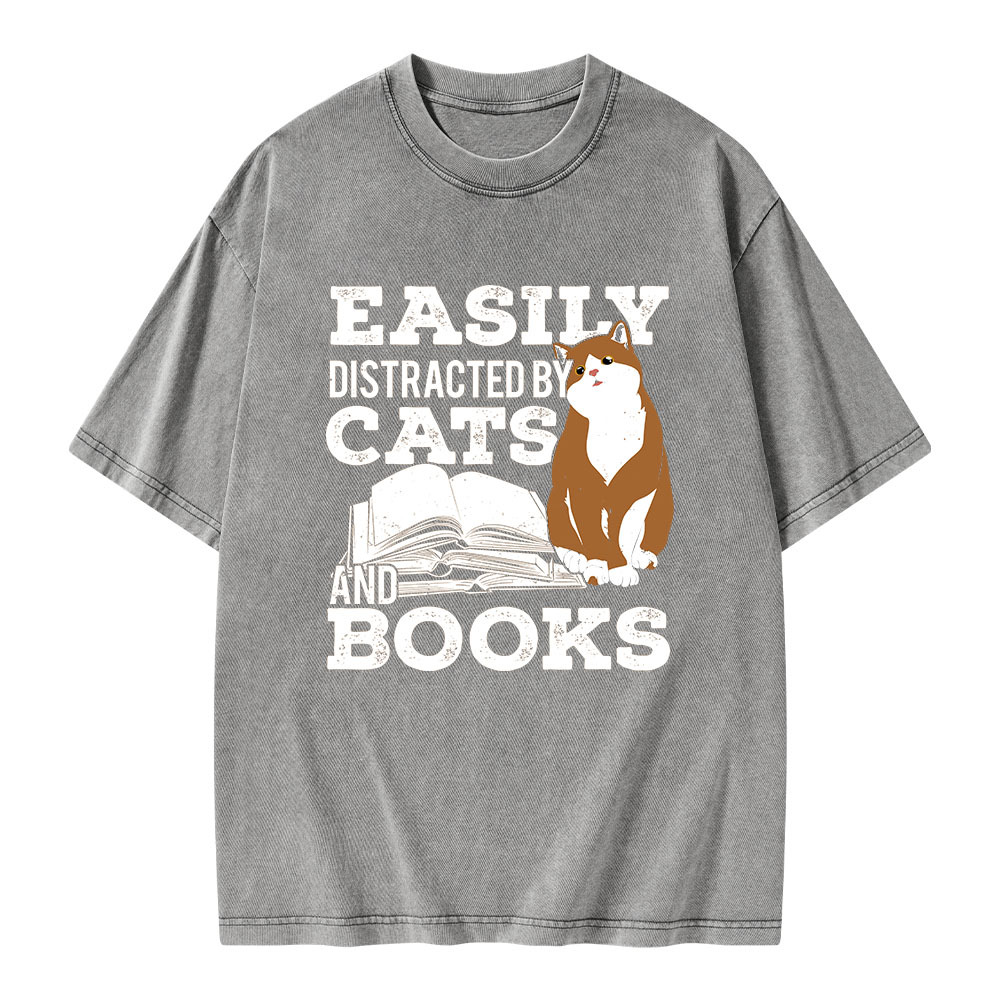 Pagewings Easily Distracted By Cats And Books All Year Unisex Washed T-shirt