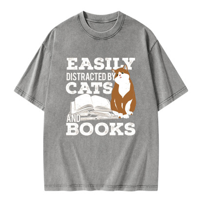 Pagewings Easily Distracted By Cats And Books All Year Unisex Washed T-shirt