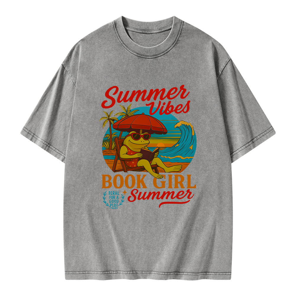 Pagewings Book Girl Summer Feral Raccoon Unisex Washed T-shirt