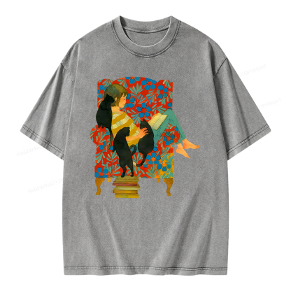 Pagewing A girl reading a book on the sofa Unisex Washed T-shirt