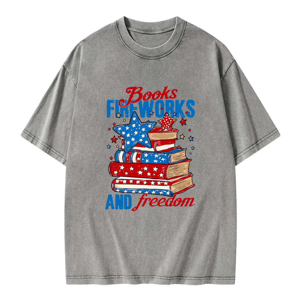 Pagewings Books Fireworks and Freedom Retro Unisex Washed T-shirt